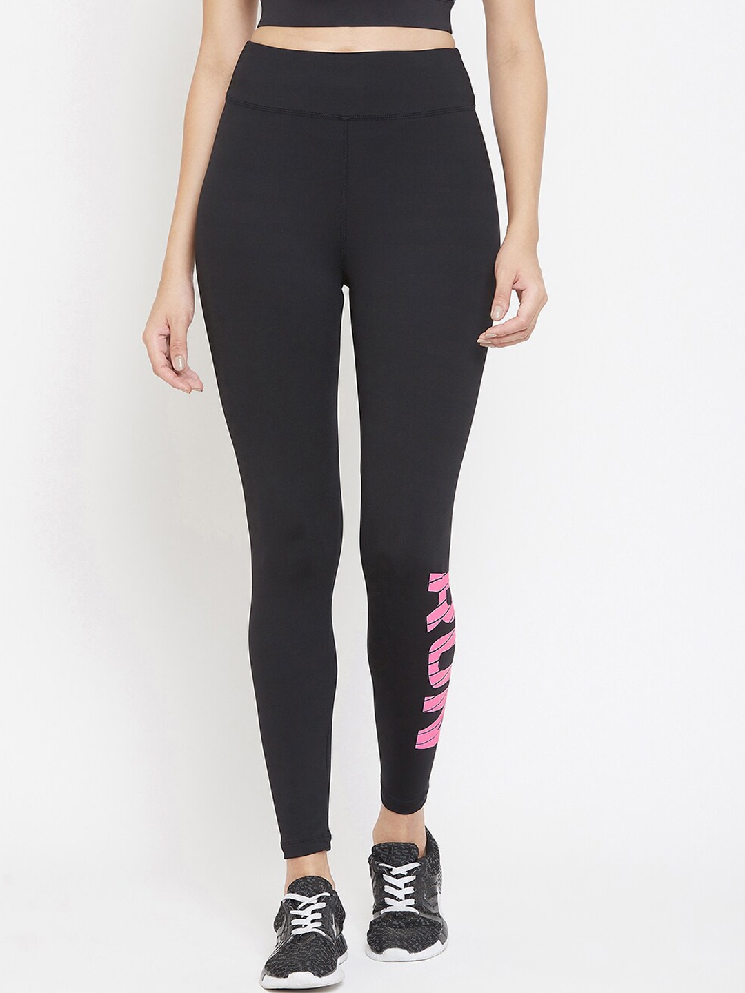 

ATHLISIS Women Black & Pink Printed Performance Quick Dry Training Tights
