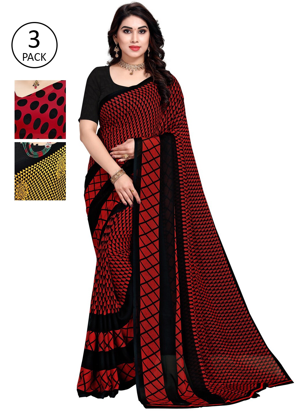 

ANAND SAREES Yellow & Red Pack of 3 Printed Sarees