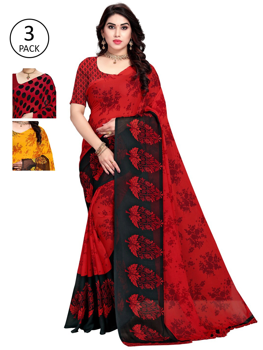 

KALINI Pack Of 3 Poly Georgette Printed Sarees, Red
