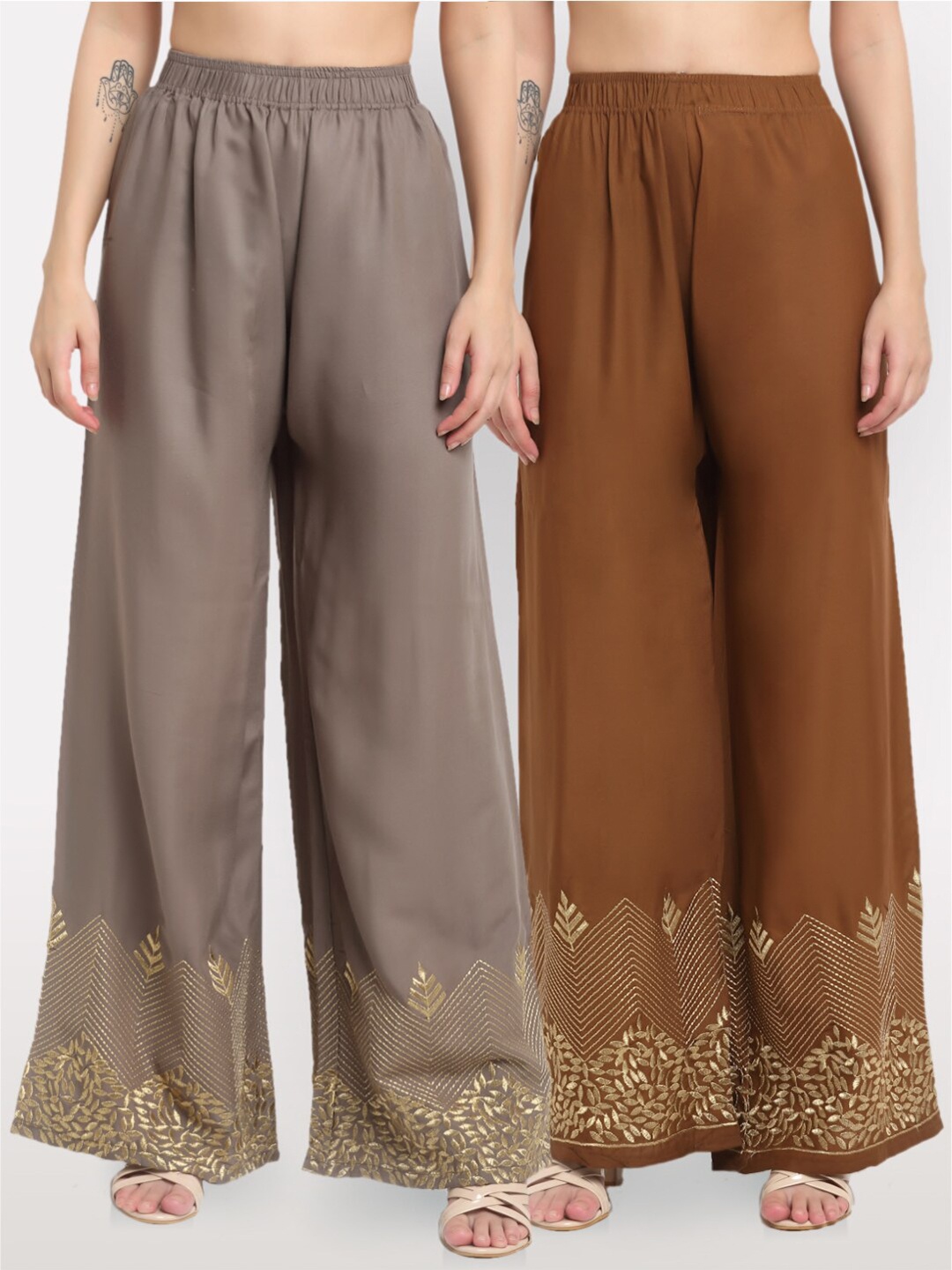 

NEUDIS Women Grey & Brown 2 Ethnic Motifs Embroidered Palazzos