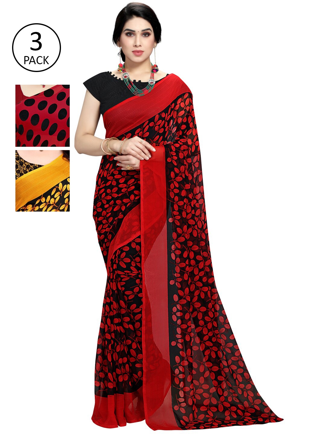 

KALINI Red & Black Pack of 3 Printed Sarees