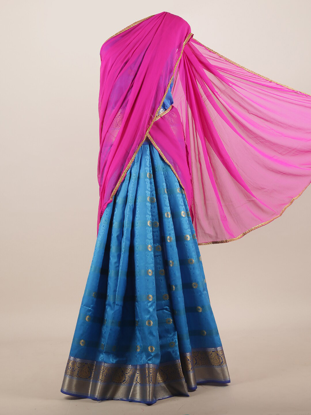 

Pothys Pink & Blue Woven Design Zari Half and Half Saree