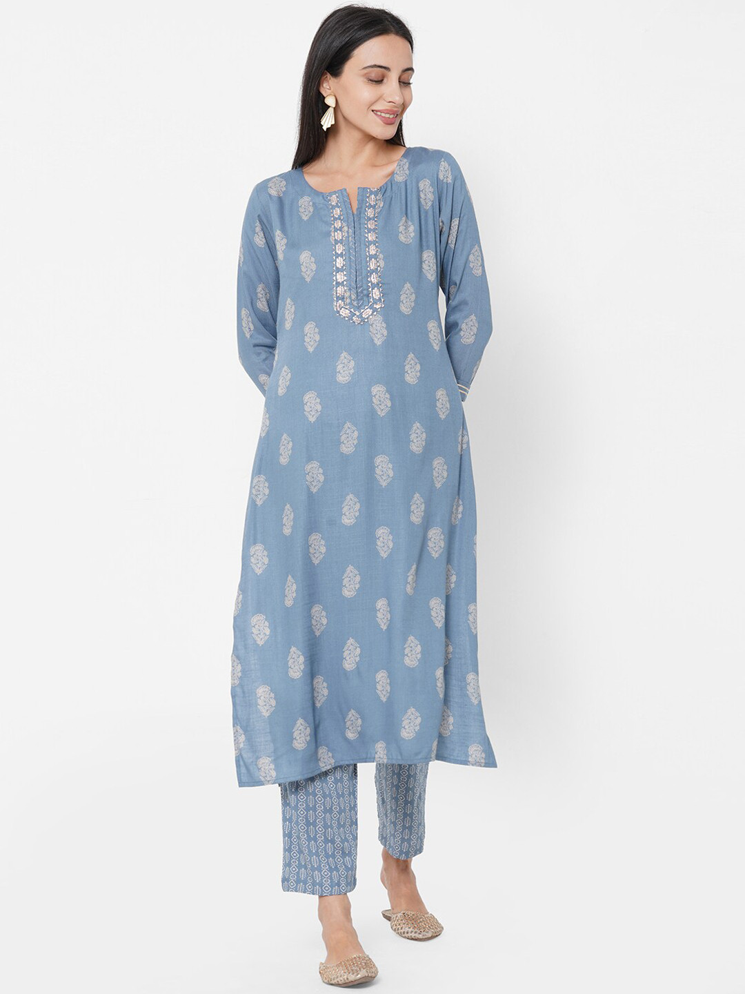 

FASHOR Women Blue Ethnic Motifs Printed Kurta with Trousers & With Dupatta