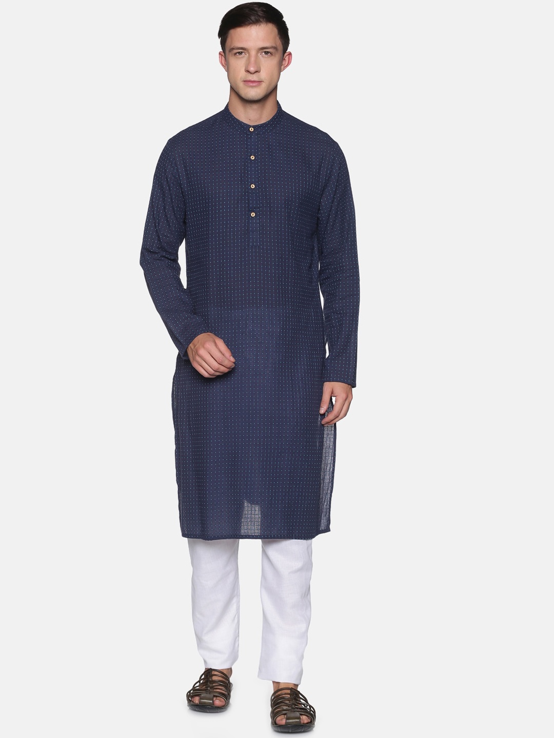 

Saffron Threads Men Navy Blue Dobby Kurta