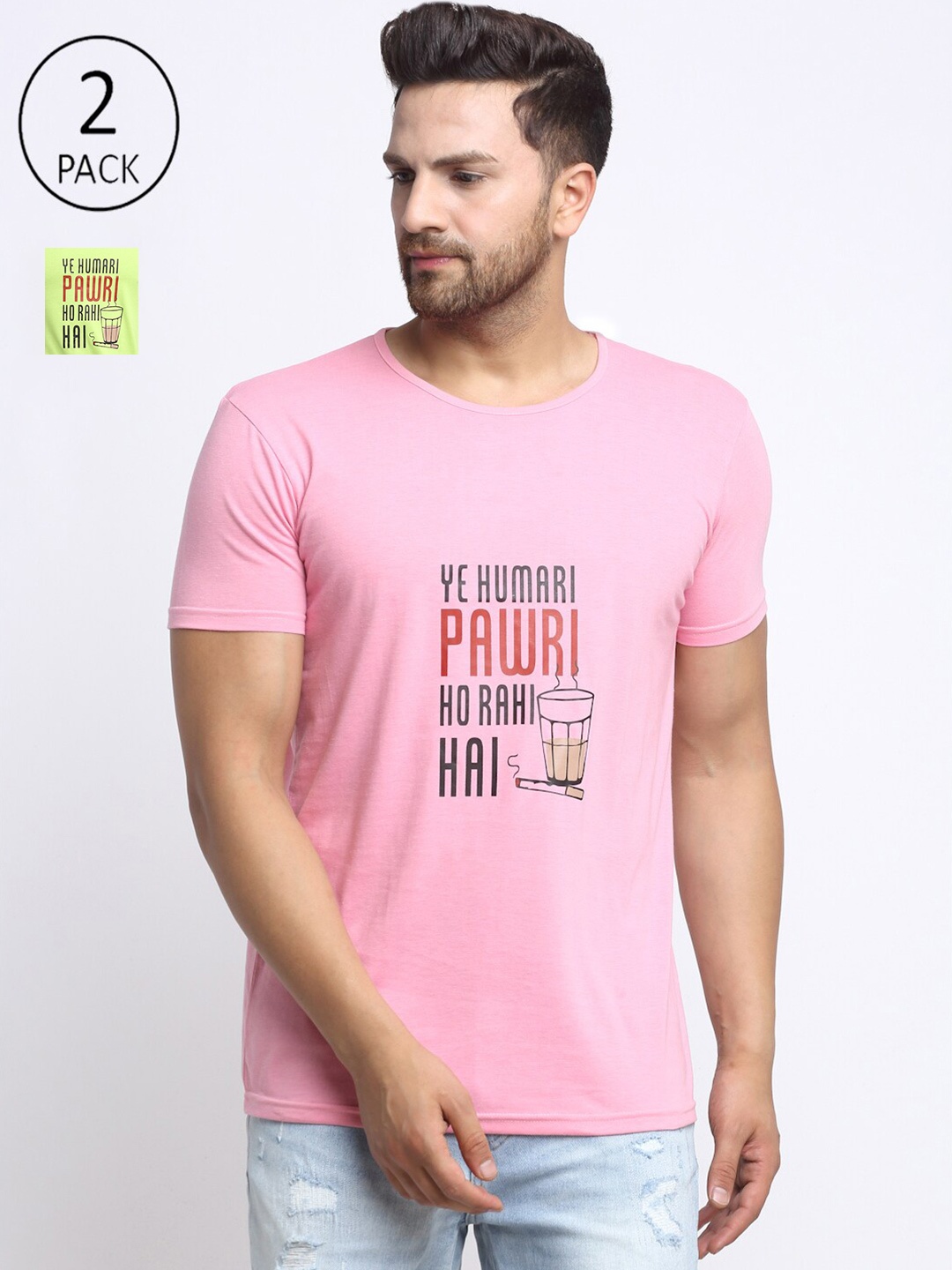 

VIMAL JONNEY Men Pink Pack of 2 Typography Print T-shirt