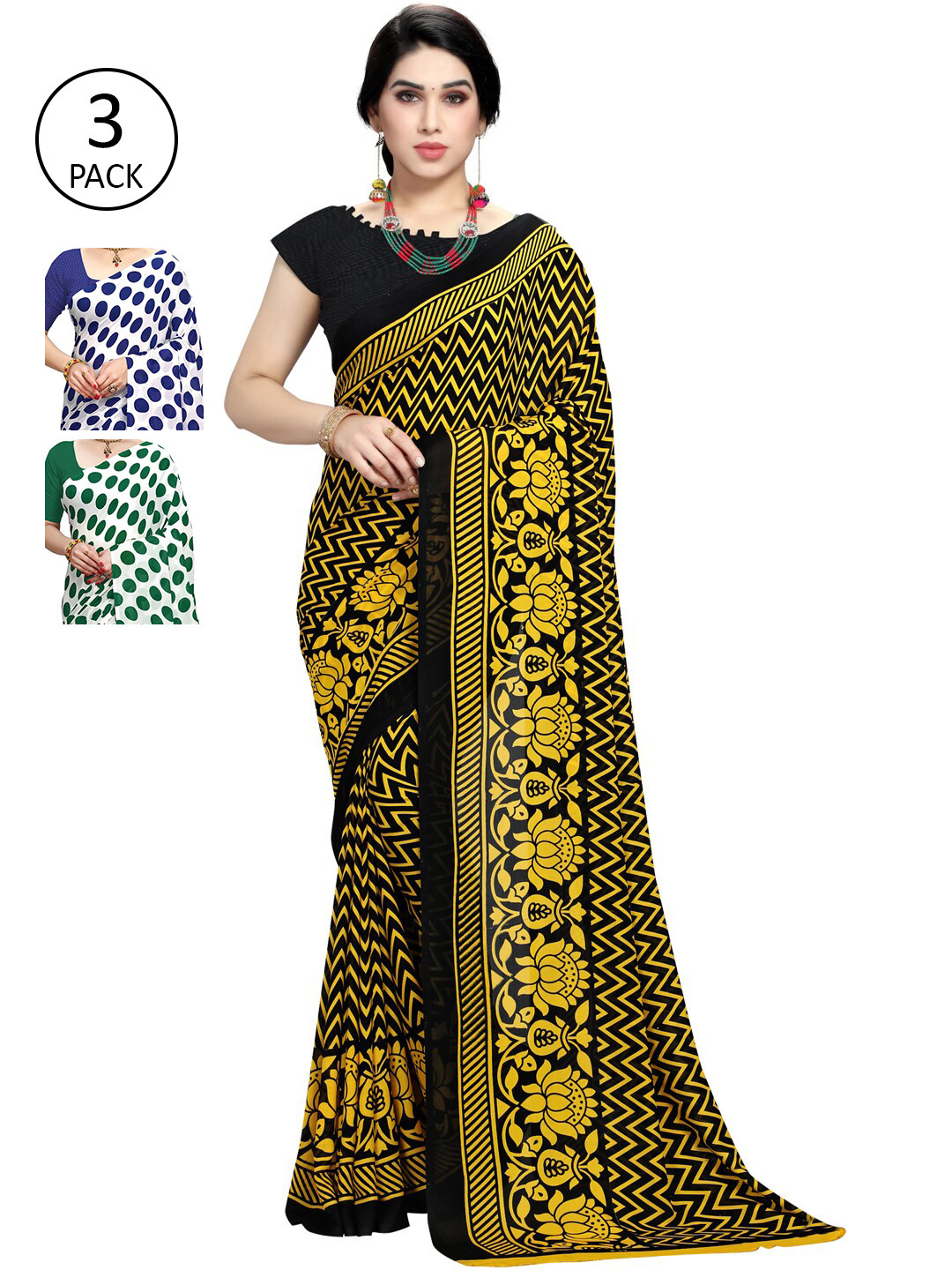 

KALINI Pack Of 3 Poly Georgette Printed Sarees, Blue