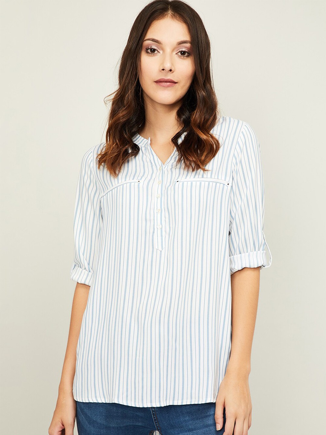 

Fame Forever by Lifestyle Blue & White Striped Mandarin Collar Shirt Style Top