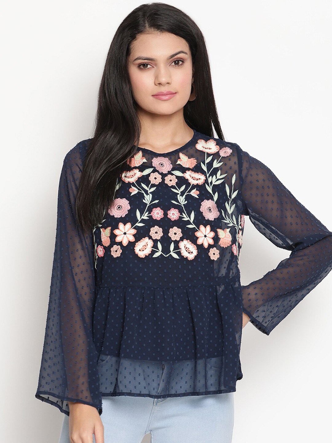 

HOUSE OF KKARMA Women Navy Blue Georgette A-Line Top