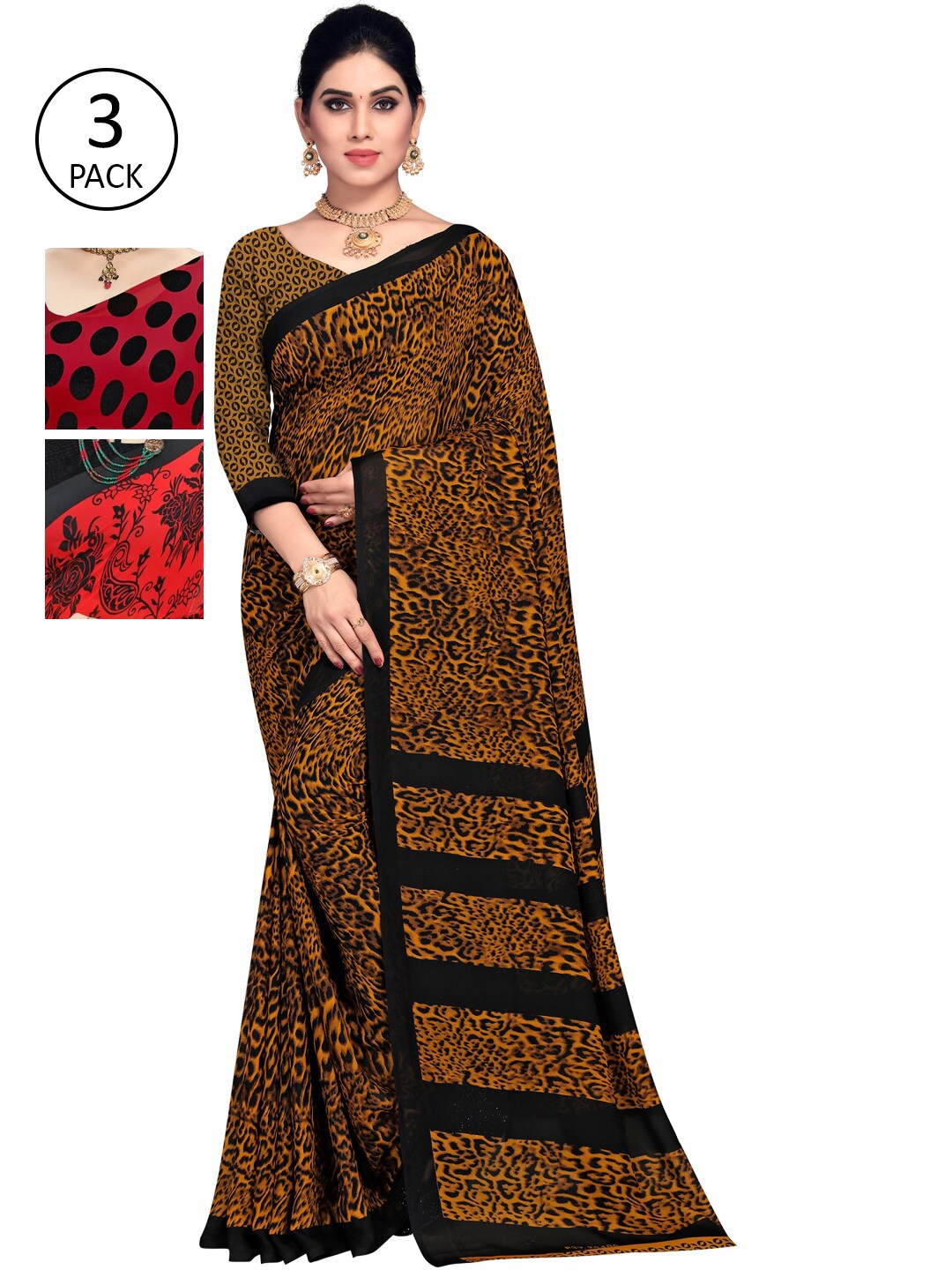 

KALINI Red & Black Pack of 3 Printed Sarees