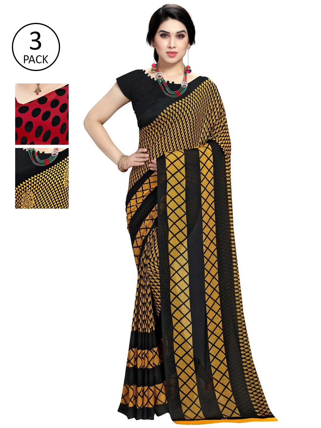 

KALINI Pack Of 3 Poly Georgette Sarees, Red