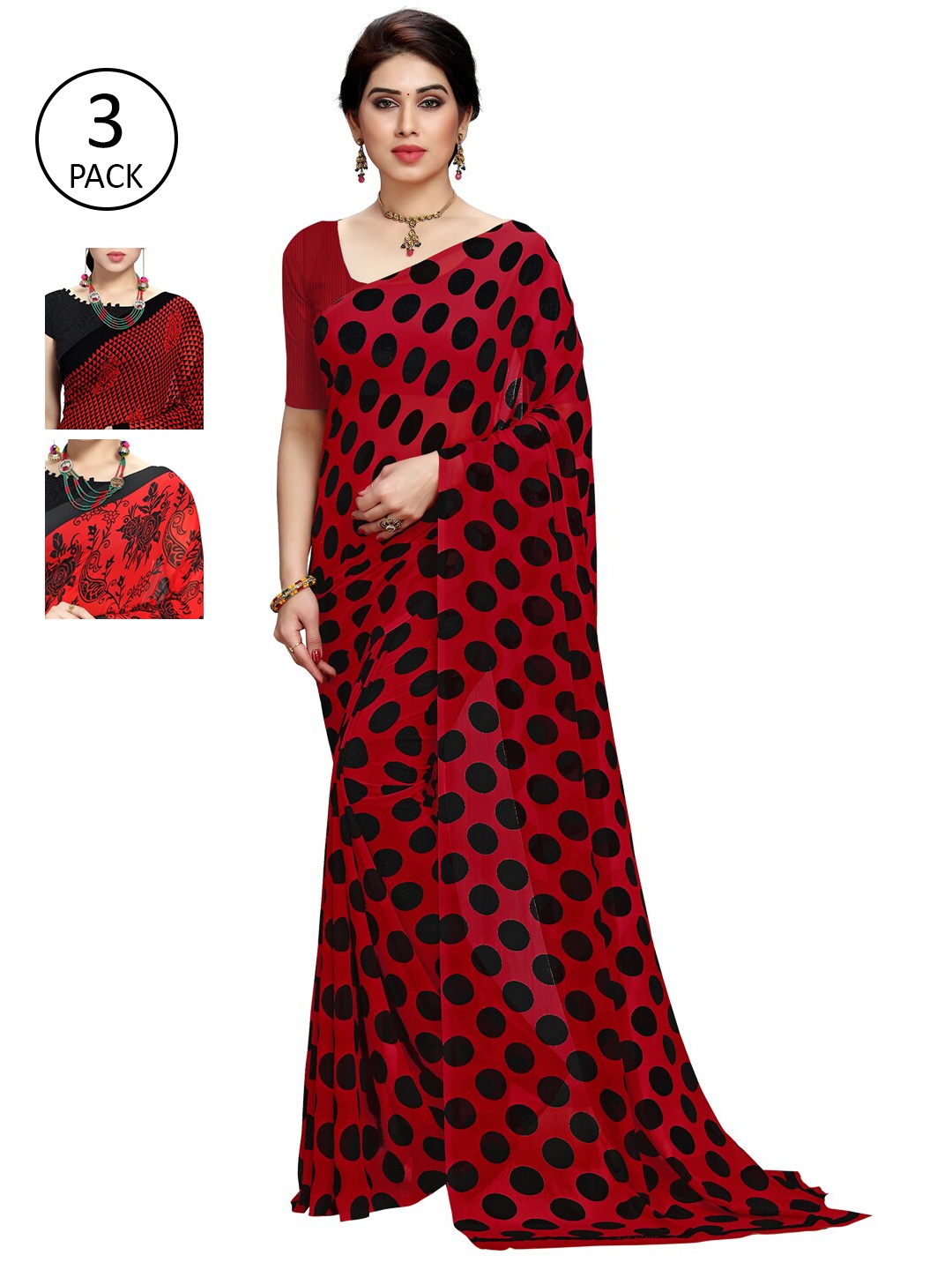 

KALINI Pack Of 3 Red & Black Saree