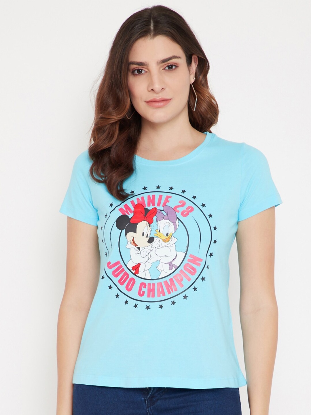Disney by Wear Your Mind Women Turquoise Blue Minnie & Daisy Printed T-shirt