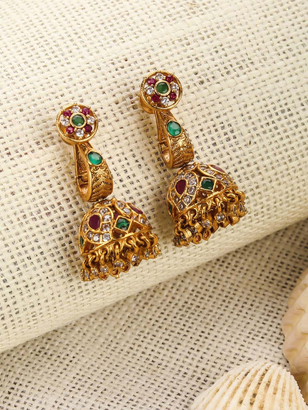 

Priyaasi Gold-Toned & Red Dome Shaped Jhumkas Earrings