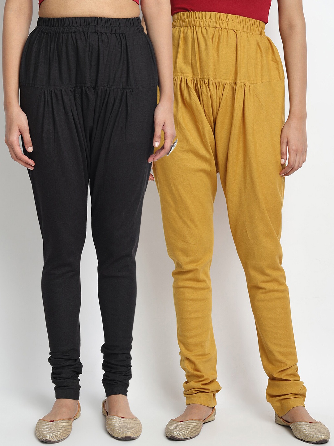 

Molcha Women Pack Of 2 Beige & Black Solid Pure Cotton Loose-Fit Churidar, Mustard