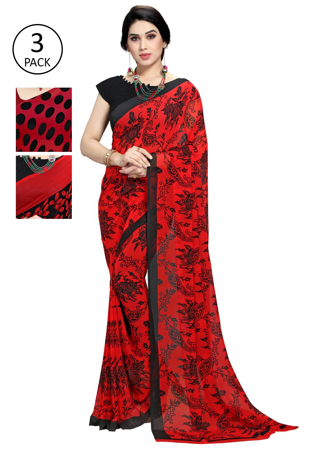 

KALINI Pack Of 3 Red & Black Saree