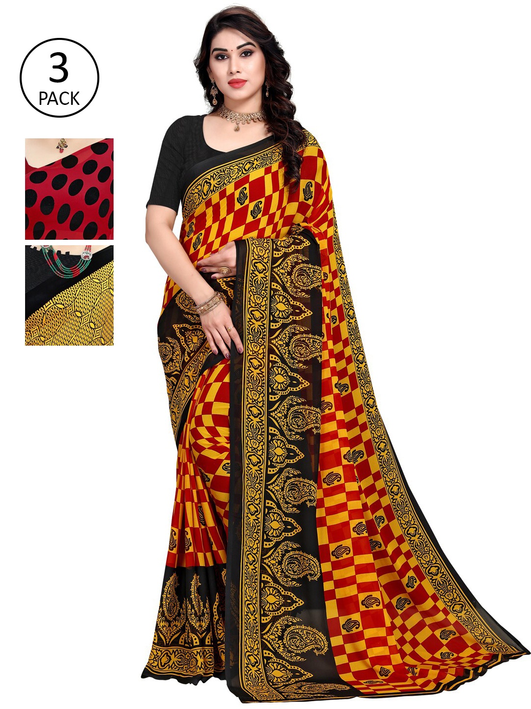 

KALINI Pack Of 3 Poly Georgette Sarees, Red