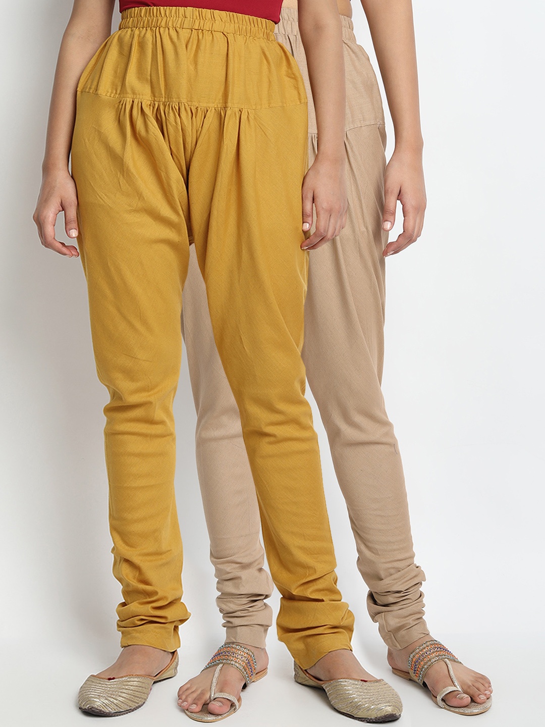 

Molcha Women Mustard & Beige Pack Of 2 Solid Pure Cotton Loose-Fit Churidar