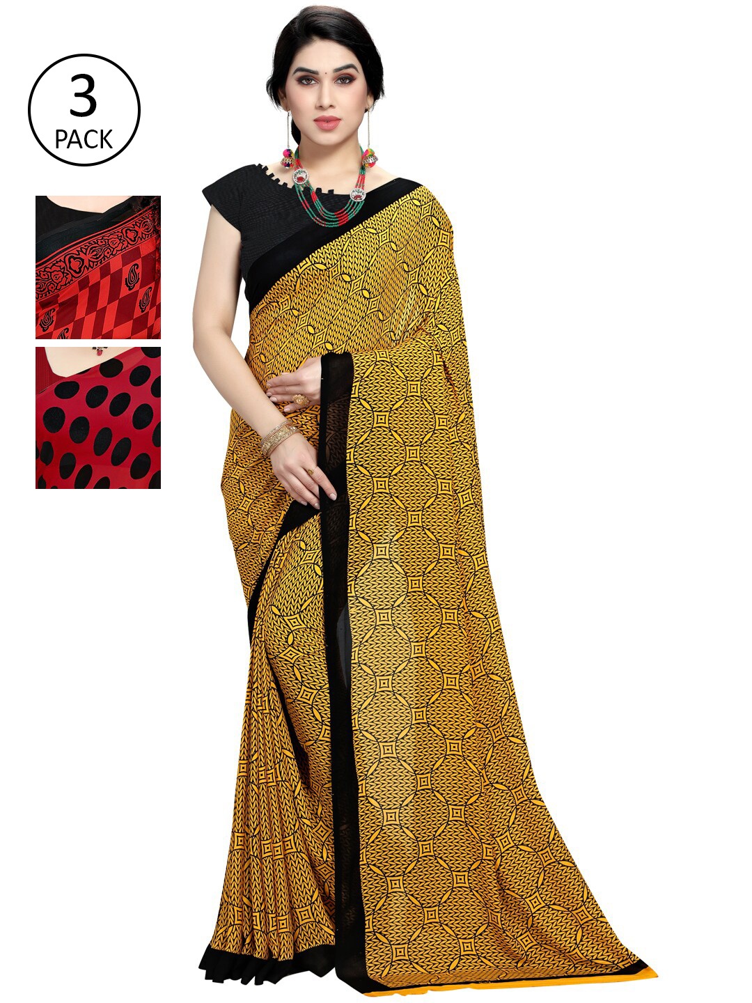 

KALINI Yellow & Red Pack of 3 Printed Sarees