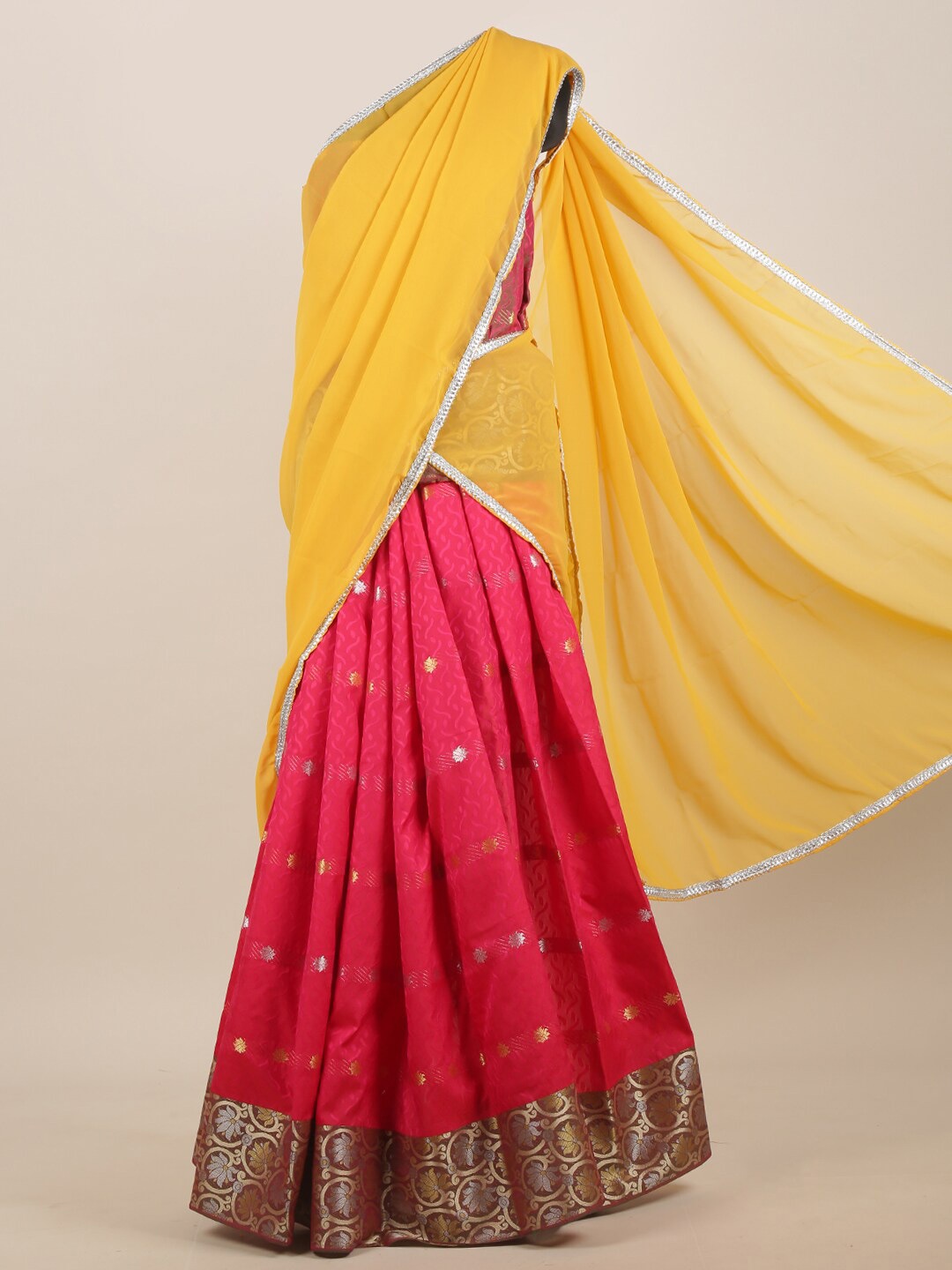 

Pothys Yellow & Pink Woven Design Half Saree
