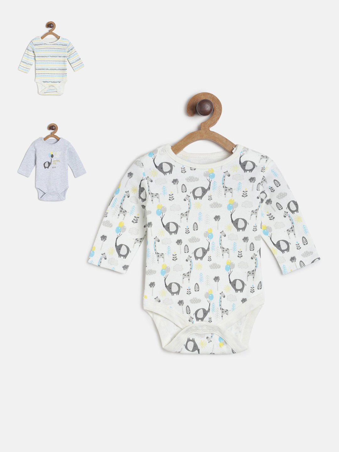 MINI KLUB Boys Infant Kids Pack Of 3 White Printed Cotton Bodysuits