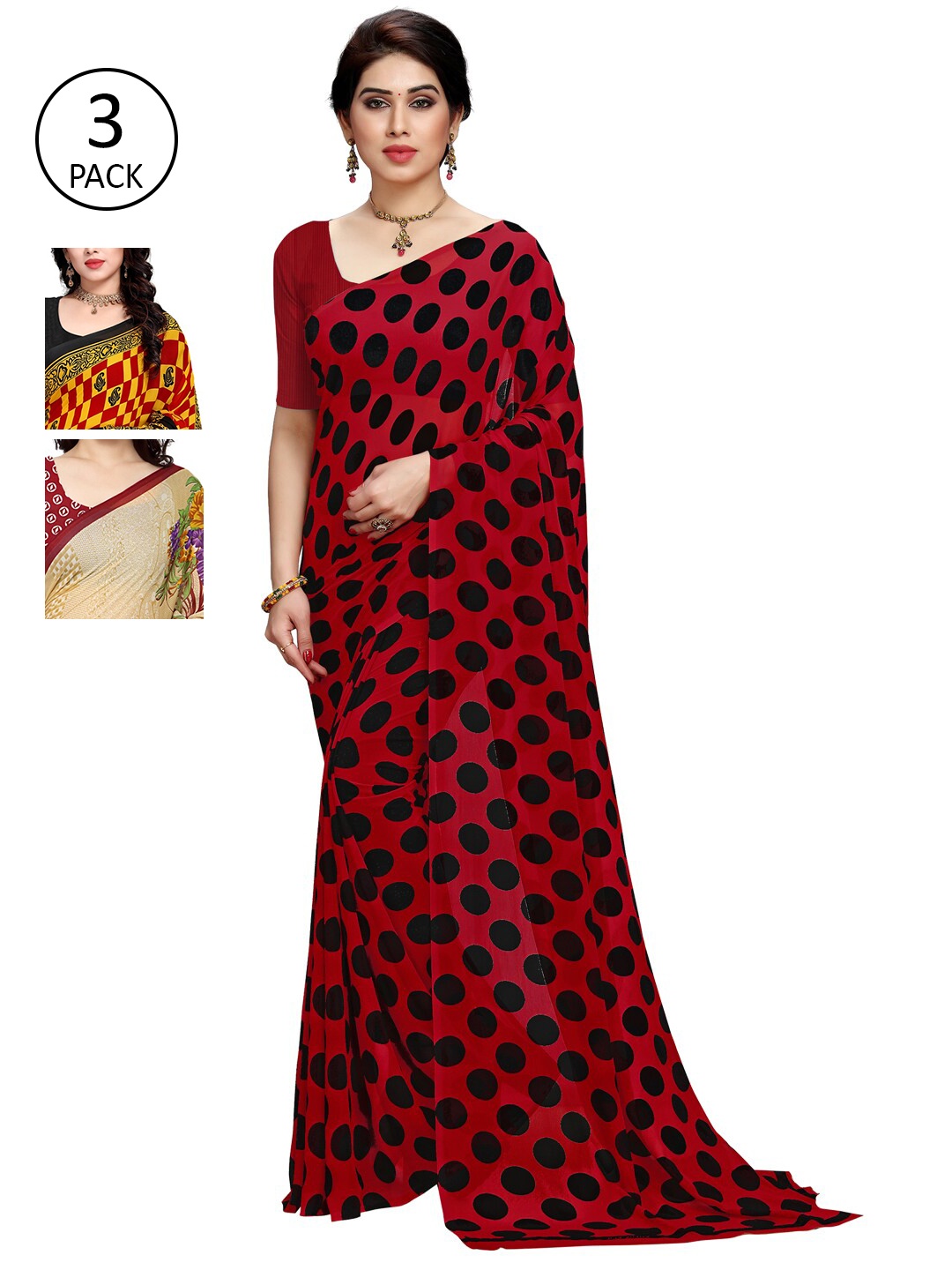 

KALINI Pack Of 3 Red & Black Saree