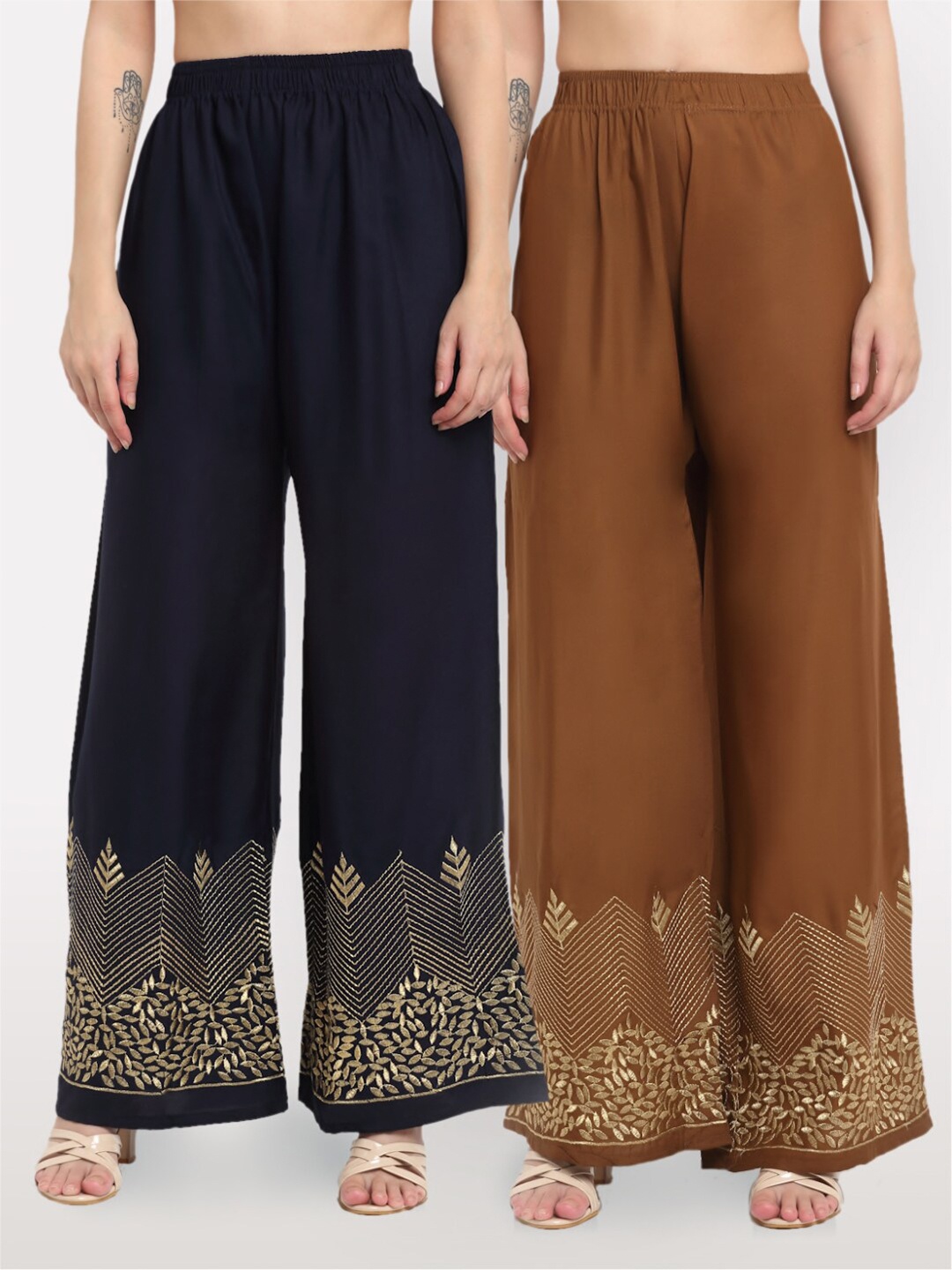 

NEUDIS Women Navy Pack of 2 Blue & Brown Floral Embroidered Palazzos, Navy blue