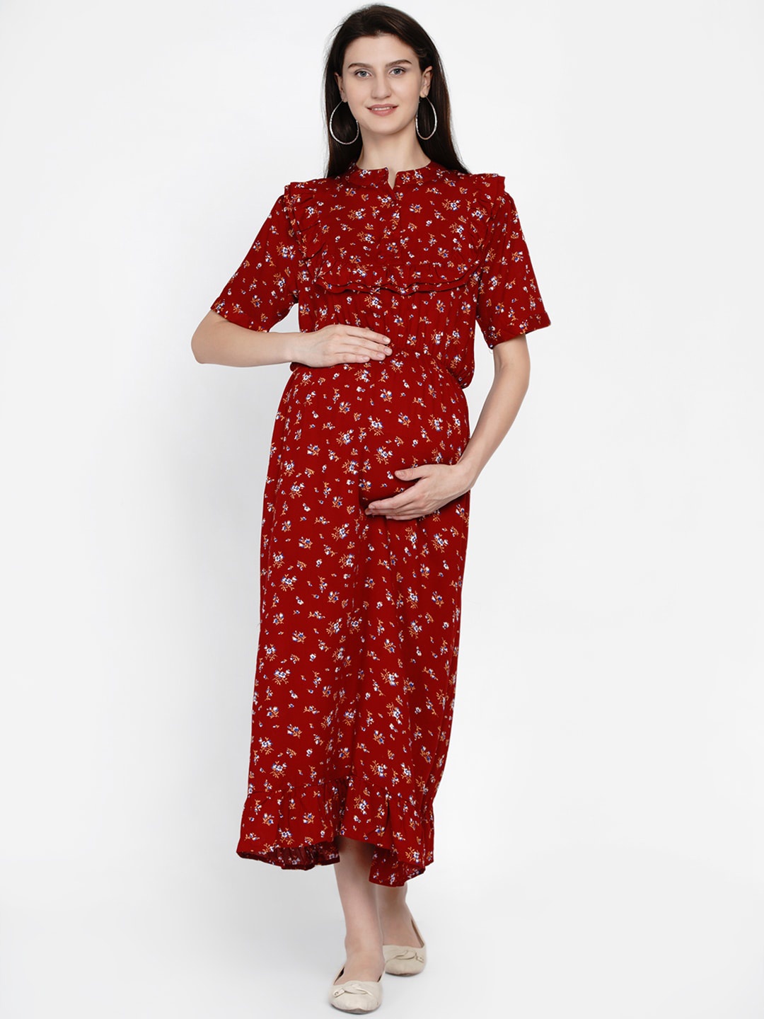 

Mine4Nine Maroon Floral Maternity Maxi Dress