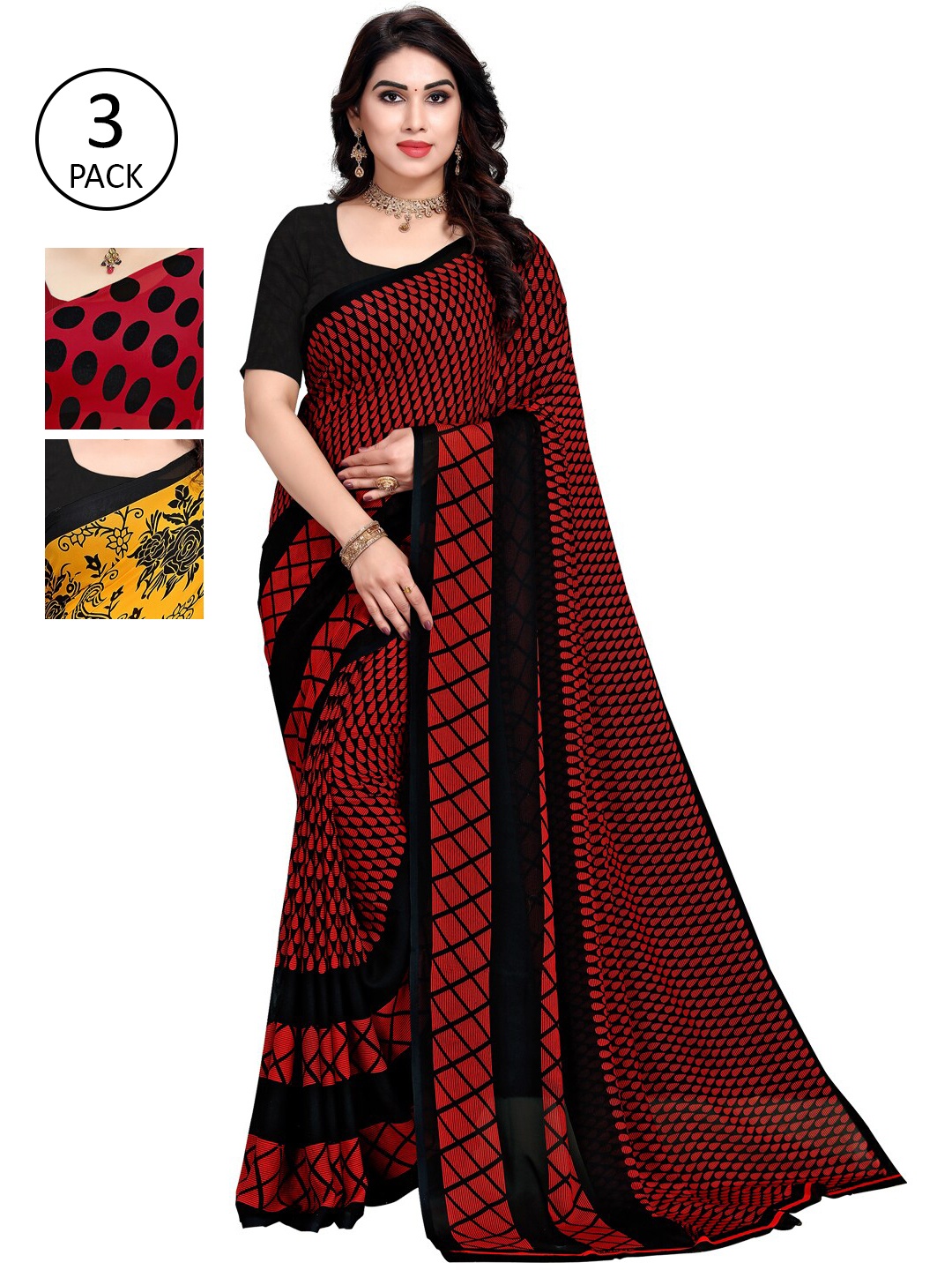

KALINI Pack Of 3 Poly Georgette Printed Sarees, Red