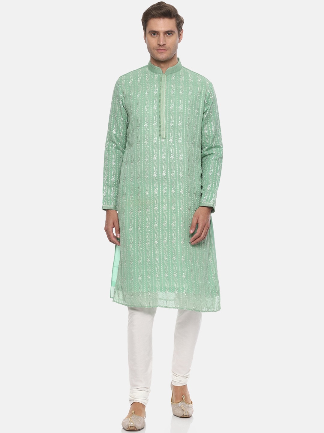 

Louis Philippe Men Green Embroidered Kurta with Churidar