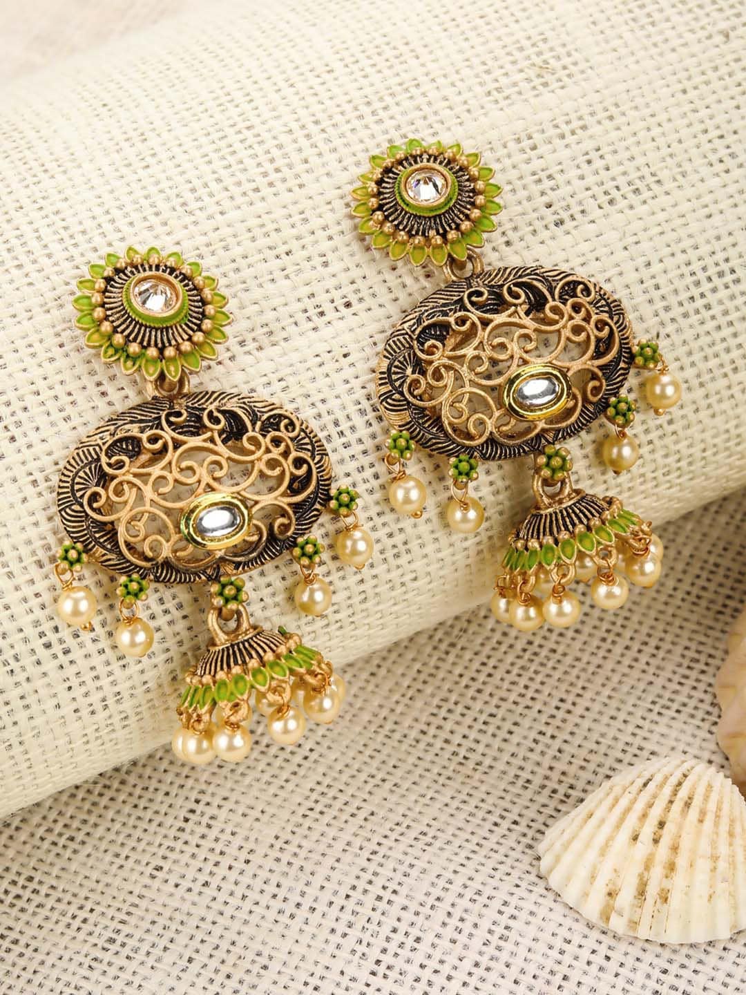 

Priyaasi Gold Toned and Green Contemporary Jhumkas Earrings