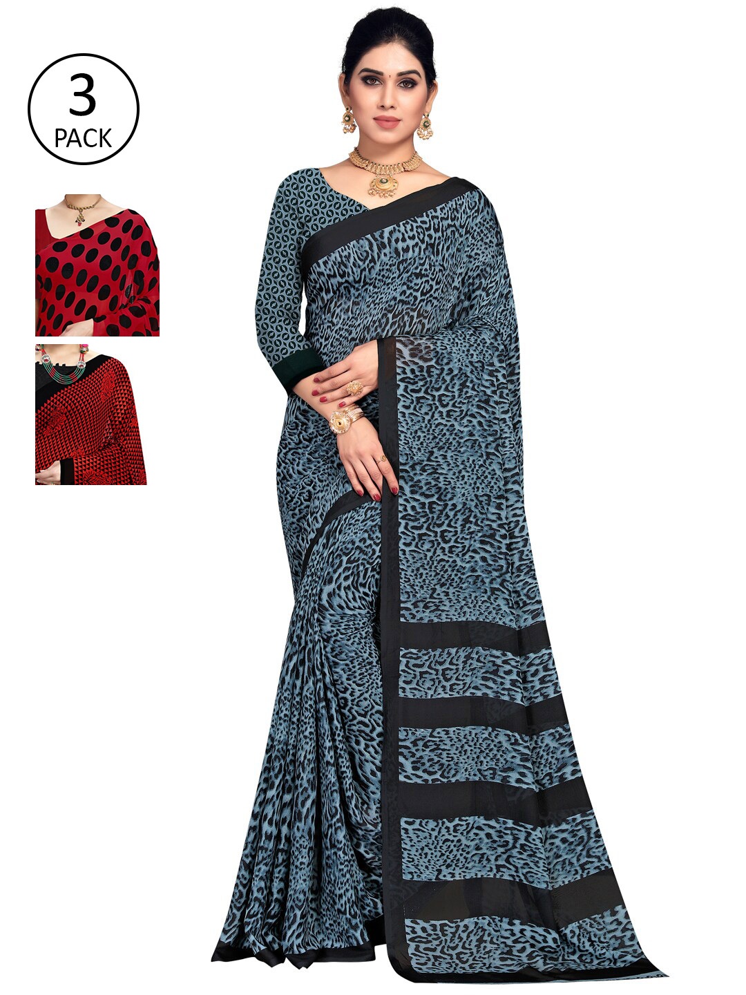

KALINI Red & Black Pack of 3 Printed Sarees