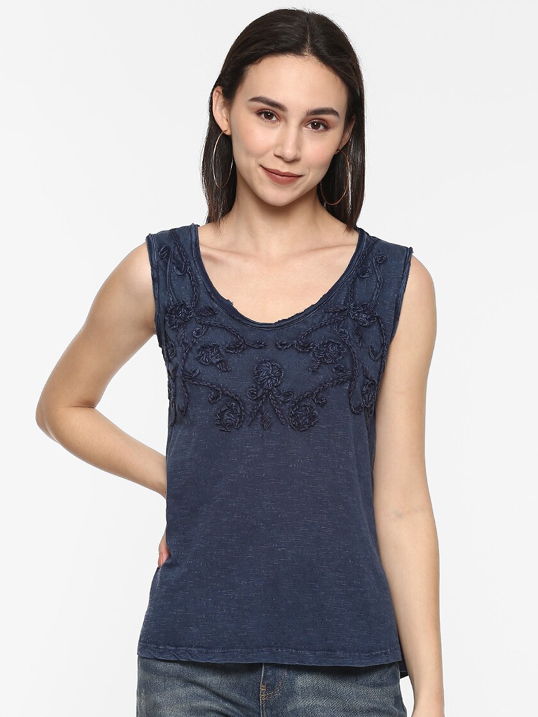 

Porsorte Navy Blue Floral Embroidered Regular Top