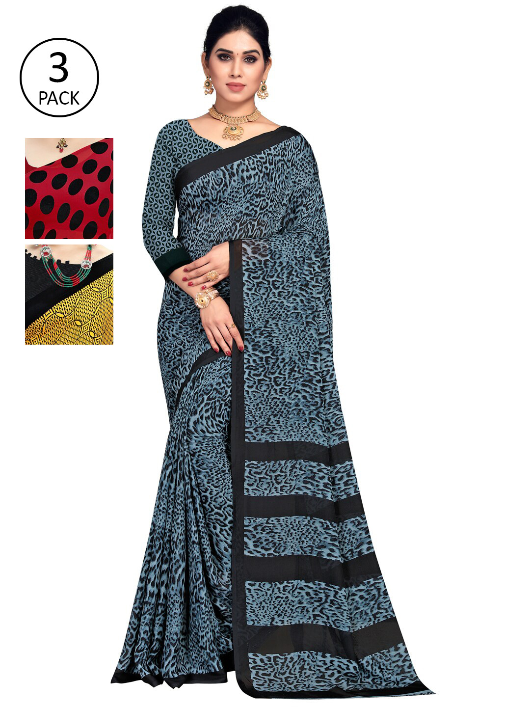 

KALINI Red & Black Pack of 3 Printed Sarees