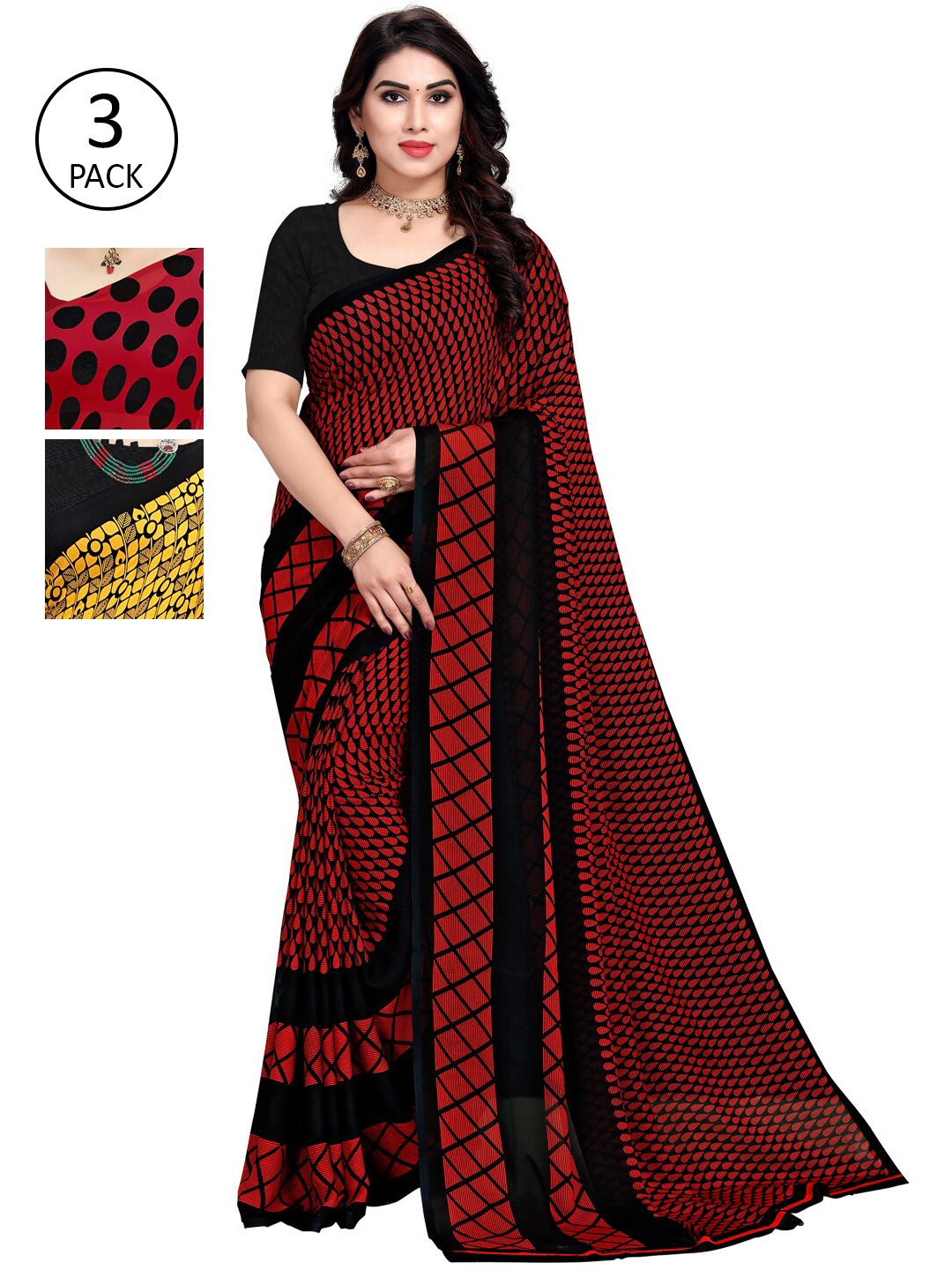 

KALINI Pack Of 3 Red & Black Saree