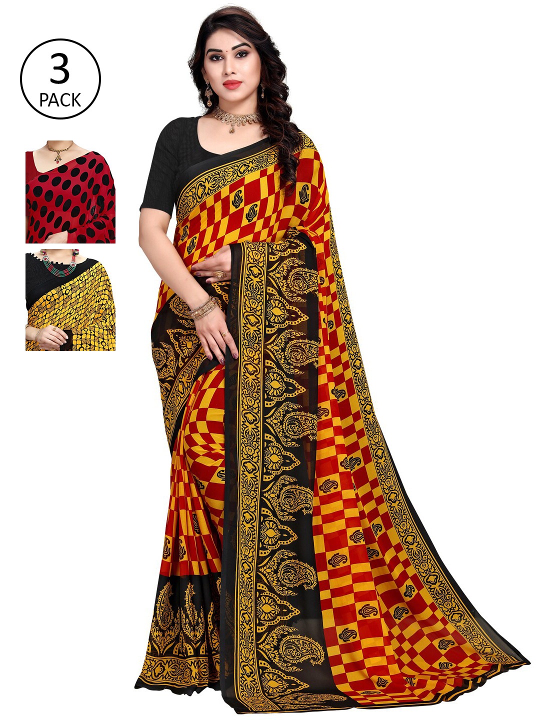 

KALINI Pack Of 3 Red & Yellow Saree