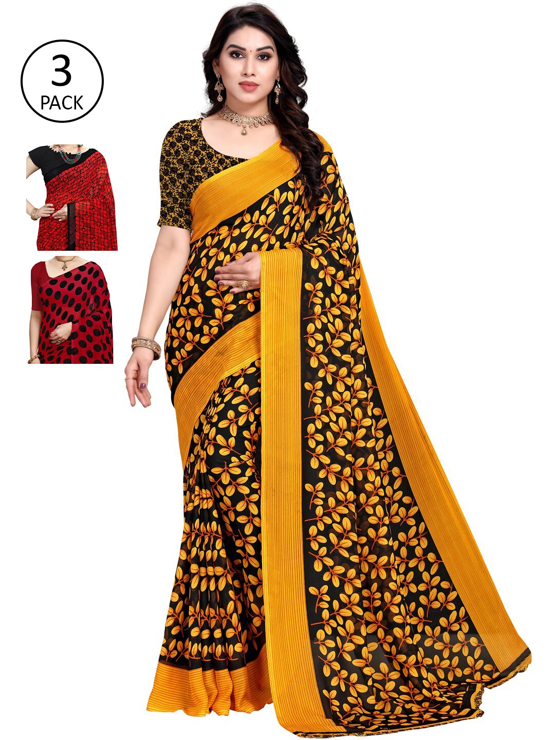 

KALINI Pack Of 3 Poly Georgette Printed Sarees, Yellow