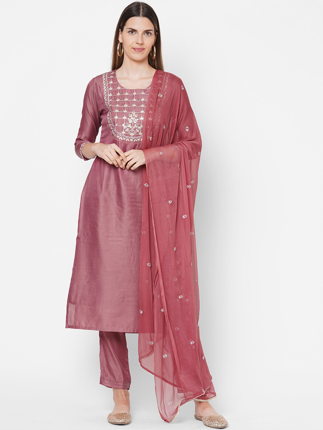 

FASHOR Women Pink Embroidered Linen Kurta with Trousers & With Dupatta