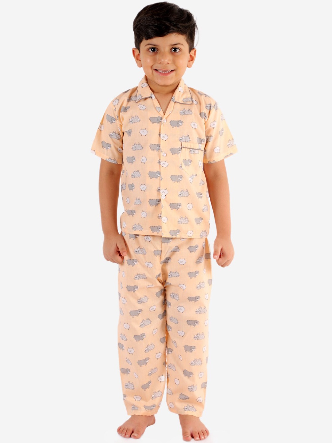 

KID1 Boys Peach & White Printed Night suit