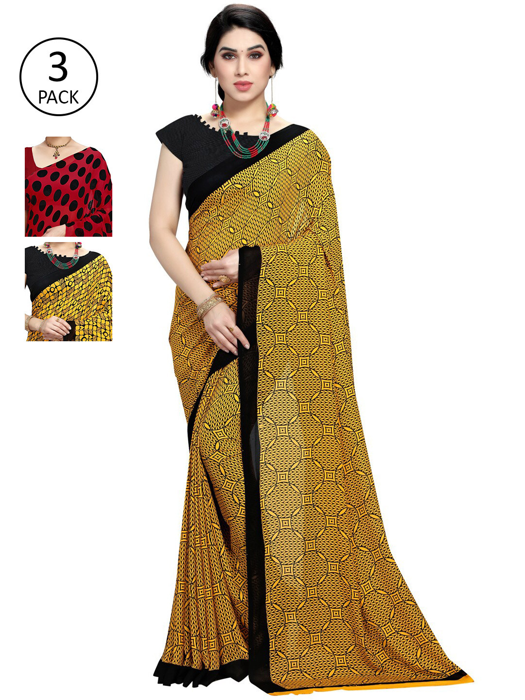 

KALINI Pack Of 3 Red & Yellow Saree