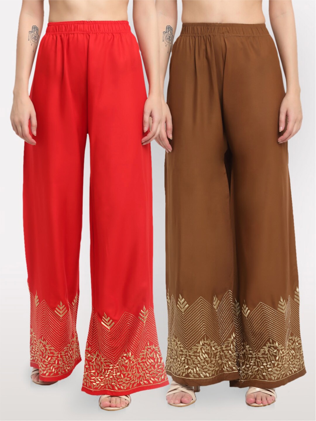 

NEUDIS Women Red & Brown 2 Floral Embroidered Ethnic Palazzos