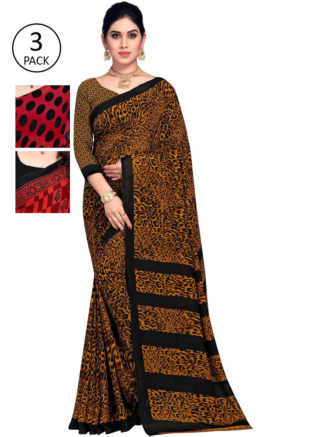 KALINI Pack Of 3 Poly Georgette Printed Sarees, Yellow