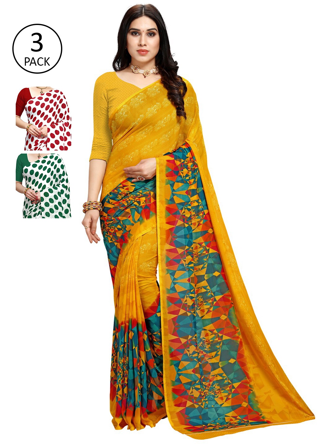 

KALINI Pack Of 3 Yellow & Green Saree