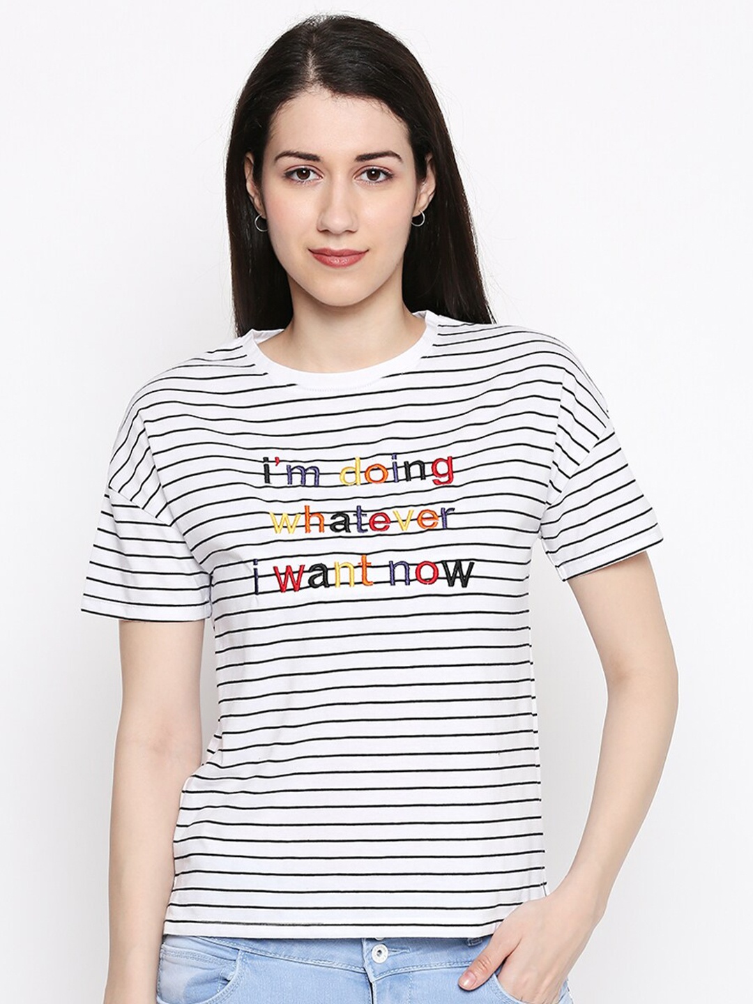 

People Women Multi Striped Drop-Shoulder Sleeves Cotton T-shirt