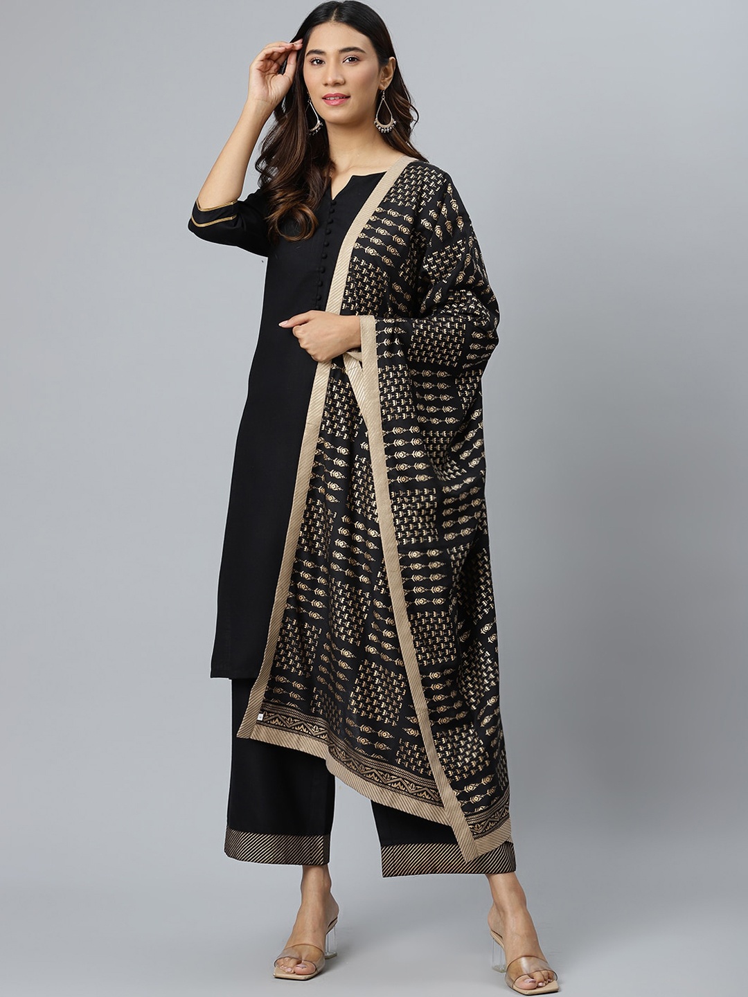 

Gerua By Libas Women Black Pure Cotton Kurta with Trousers With Dupatta