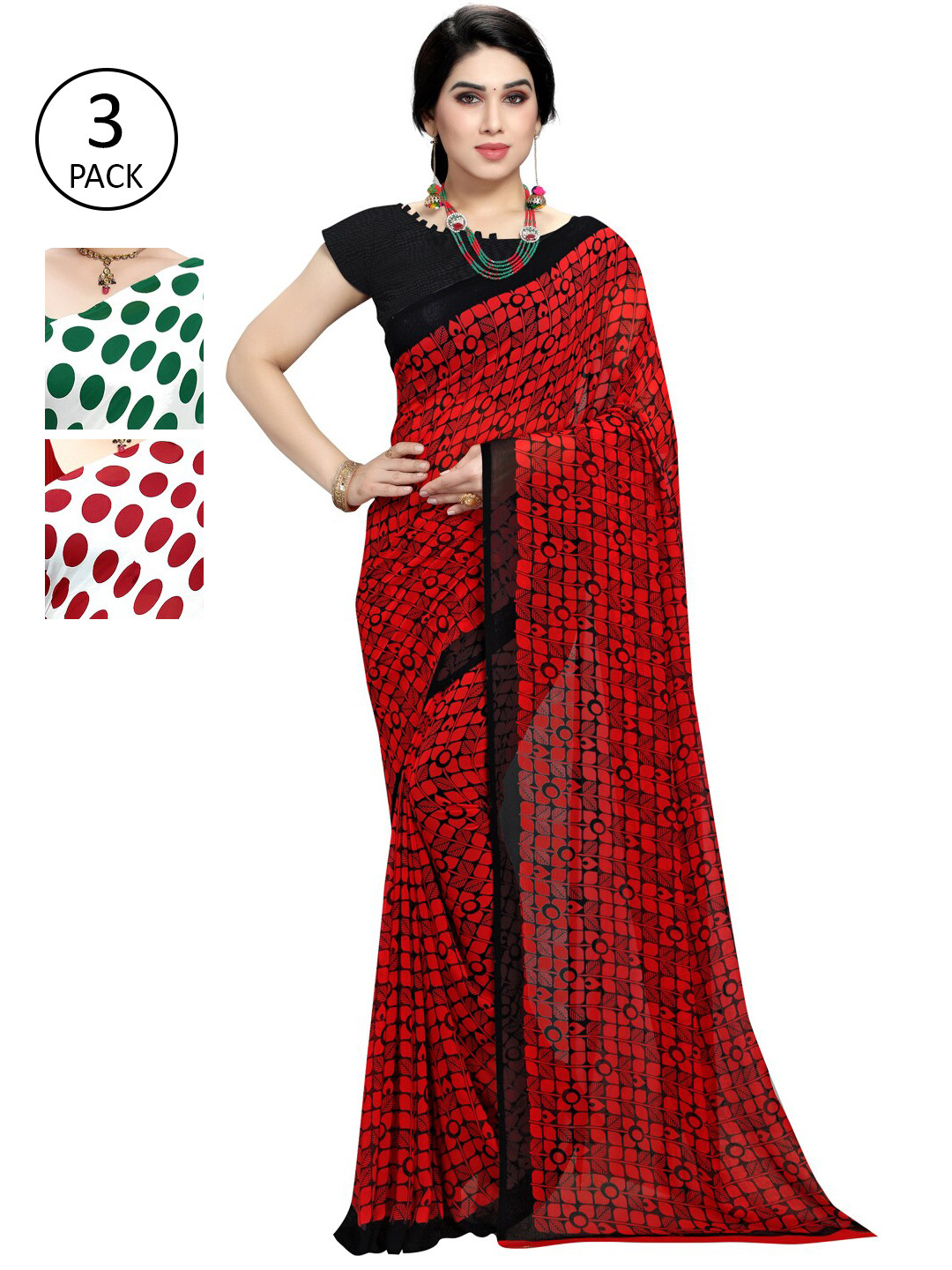 

KALINI Pack Of 3 White & Red Saree