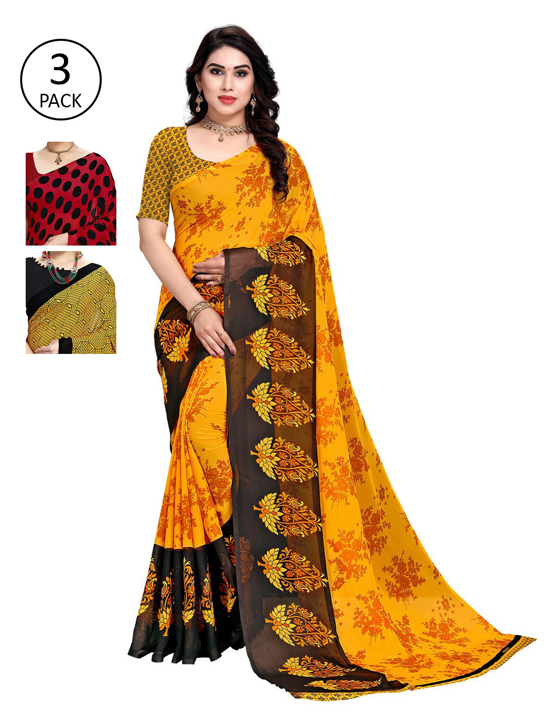 

KALINI Pack Of 3 Yellow & Red Saree
