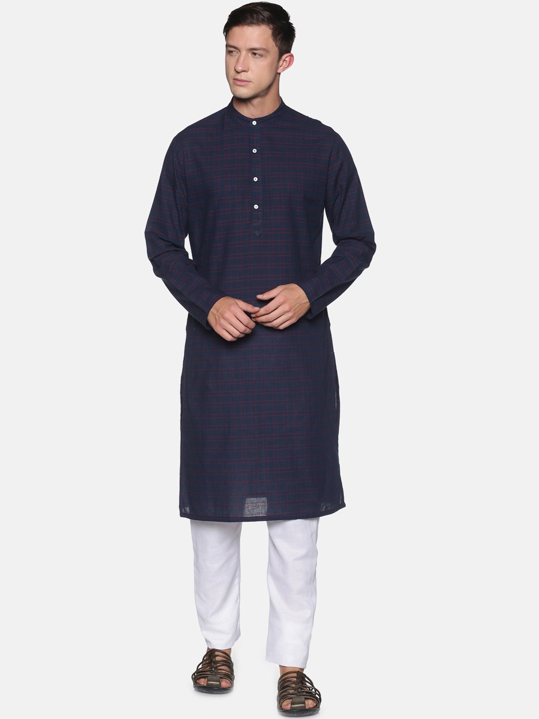 

Saffron Threads Men Navy Blue Checked Kurta