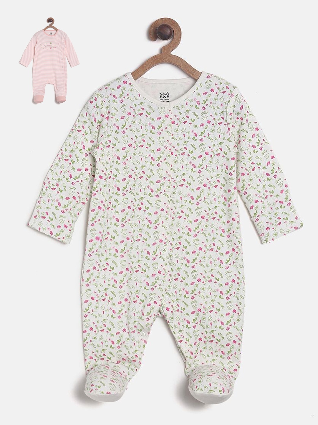 

MINI KLUB Infant Girls Pack Of 2 Pink & White Printed Pure Cotton Sleepsuits