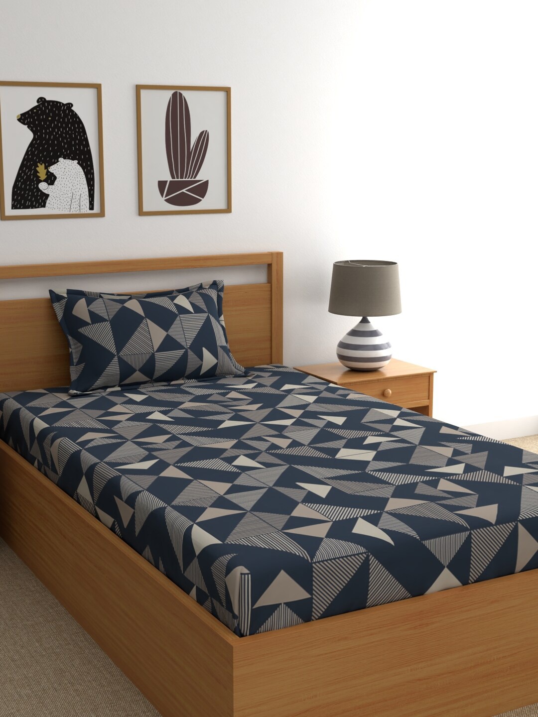 

BLUE DAHLIA Grey & Beige Geometric 210 TC Single Bedsheet with 1 Pillow Covers