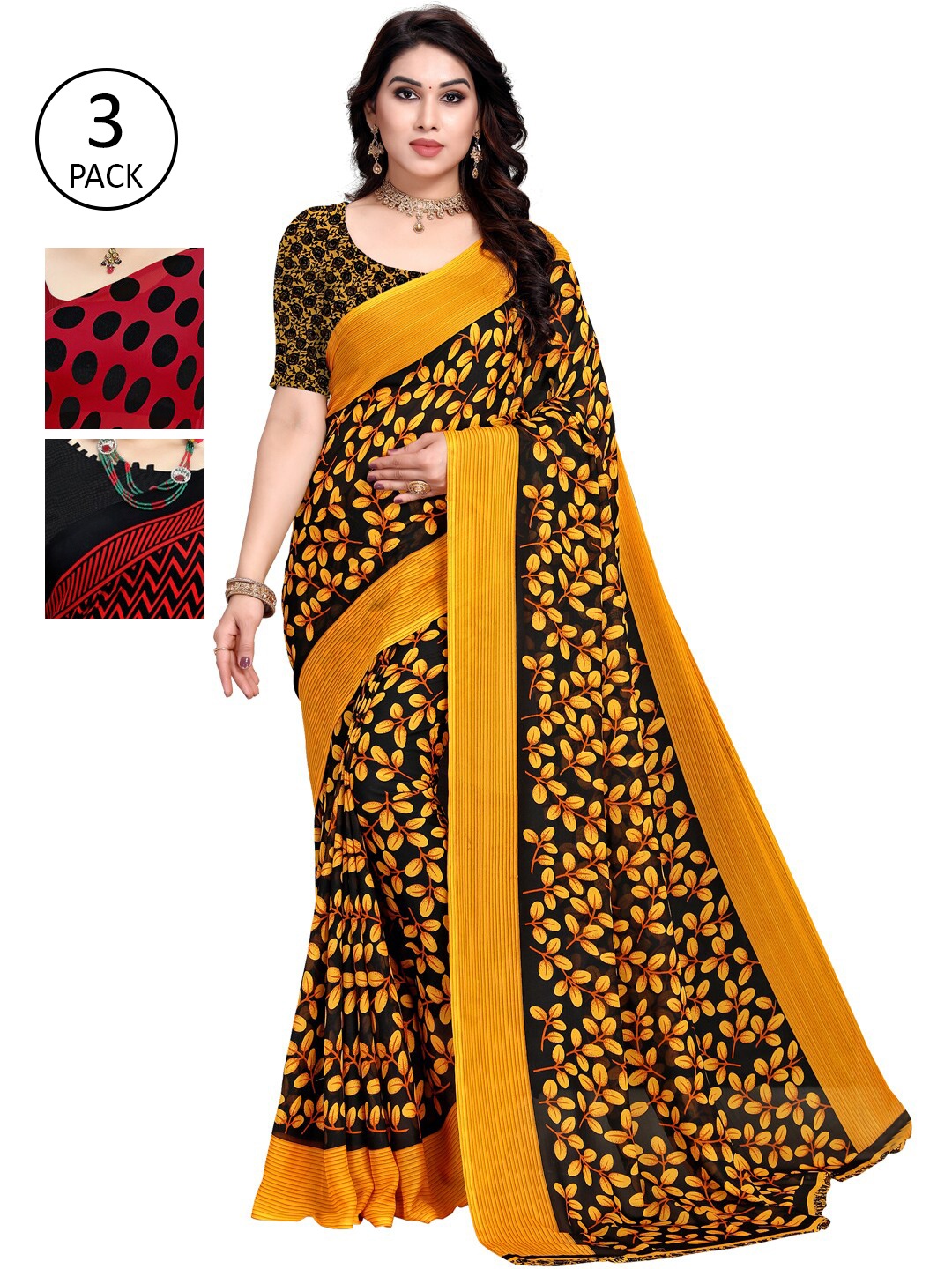 

KALINI Pack Of 3 Red & Black Saree